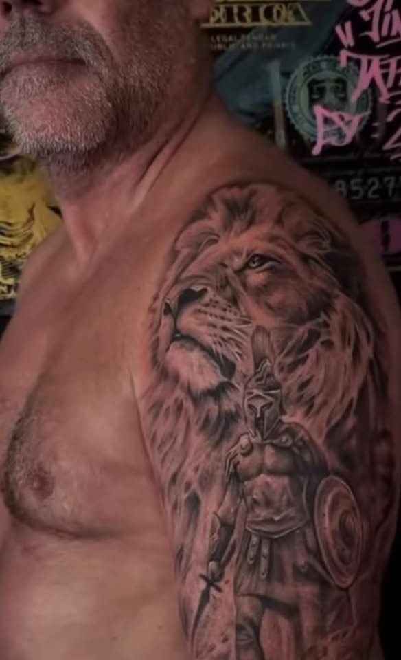 The lion & the warrior, tattoo by Jinks