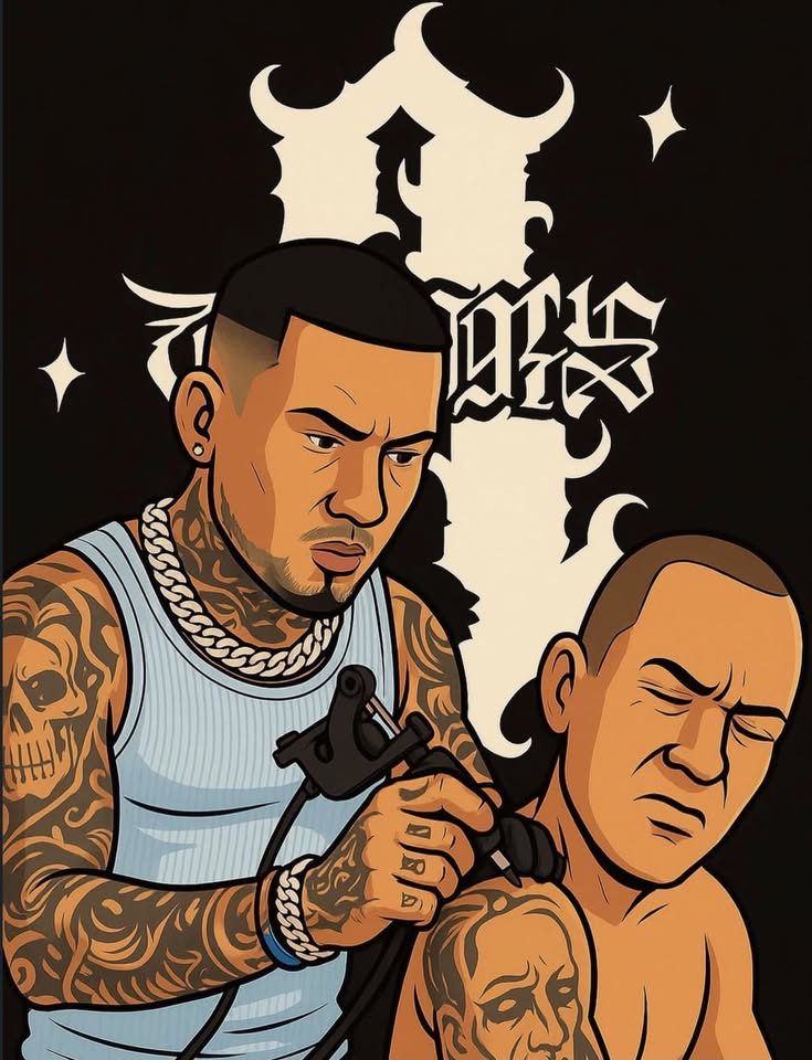 Illustration of Jinks at work tattooing a client